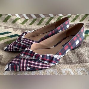 Stuart Weitzman Bow Detail Pointed Toe Plaid Flats in Navy Red White Size 9.5M